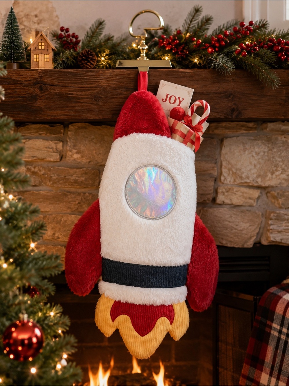 Festive Red & White Rocket Christmas Stocking